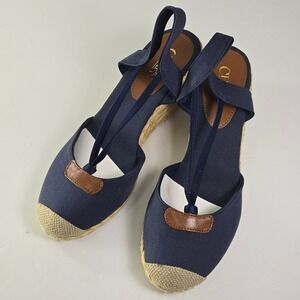 Chaps Women Navy Blue Canvas Espadrille Wedge Sandals Lace Up Size 9.5B